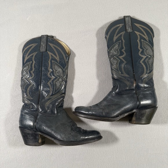 Vintage Women's Imperial Butterfly Inlay Western Cowboy Boots Blue Leather 8M